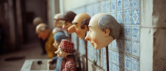 A row of oversized humorous heads on sticks, representing whimsical characters against a patterned tiled wall.