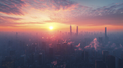 breathtaking sunrise over futuristic cityscape with clear sky, evoking sense of wonder