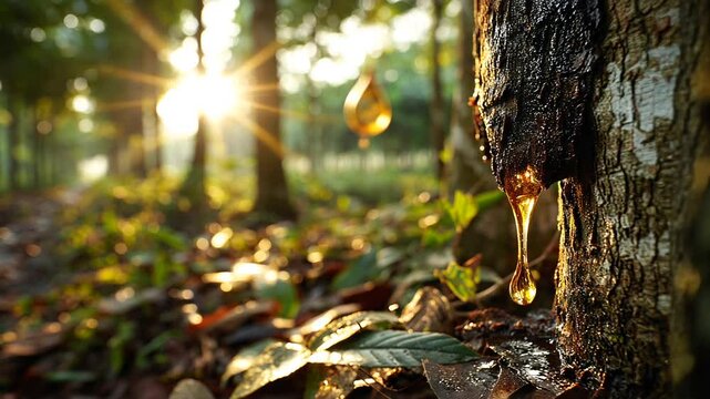 Rubber tree sap dripping in a serene forest scene
