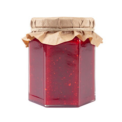 A glass jar of homemade strawberry jam with a brown paper lid and twine tied around it, Jam jar mockup isolated on white background.