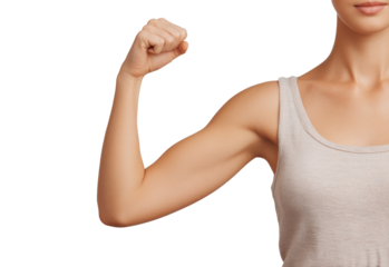 Empowered woman showing strength and confidence in her arm muscles on a transparent background, cut out
