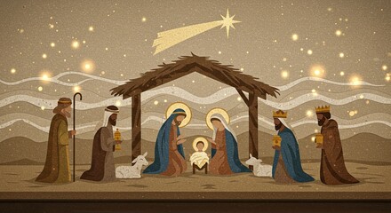 Nativity scene mosaic art with mary, joseph and baby jesus in manger and three wise men with gifts, christmas holiday concept