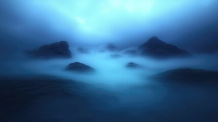 Misty, ethereal landscape of dark rocks bathed in a cool blue light