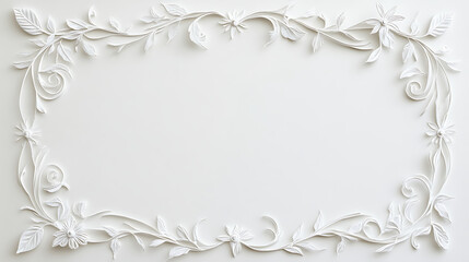 Elegant white floral frame with delicate vine inspired cutout design, perfect for invitations or decorative backgrounds, showcasing intricate leaves and flowers in soft, clean style