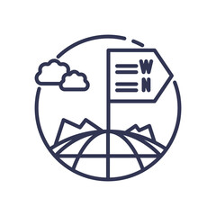 Compass with mountains and clouds symbolizes navigation and exploration.