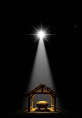 Christmas. Bethlehem night: star shines on the manger. Nativity scene. Christian religious illustration, background, banner