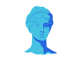 A bust of a Greek y2k statue in cool blue shades. Classic ancient silhouette character. Aesthetic 2000s sculpture.
