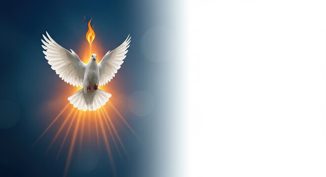 White dove and flames on a gradient background with text for Pentecost Sunday with spase for text. Christian holy trinity descent of the holy spirit catholic design template.