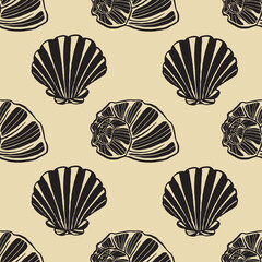 Seamless vector pattern of hand-drawn seashells. Marine design. Ocean pattern for textile, wallpaper and interior design. Summer print for background, textile, fabric