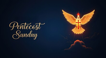 Glowing dove with cross symbol and pentecost sunday text, religious symbol of the holy spirit for christianity