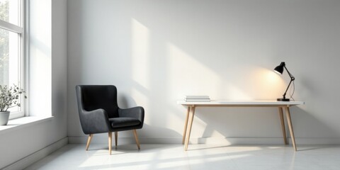 Modern minimalist workspace featuring a sleek armchair and a simple desk with a desk lamp