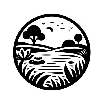 recommend clip art: Minimalist Black Silhouette Nature Landscape Circle: Pond, Lotus, Birds & Hills