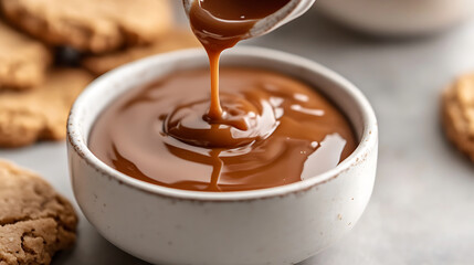Obraz premium Smooth caramel sauce pouring into white bowl surrounded by cookies, creating rich and indulgent dessert scene with warm tones and inviting textures