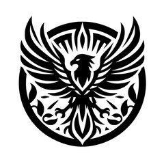 Fototapeta premium Striking Black and White Eagle or Phoenix Logo Emblem with Tribal Ornamentation in Circle