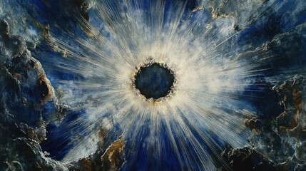 A dramatic depiction of a radiant light source emerging from dark clouds.