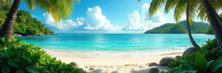 Obraz premium Lush vegetation meets pristine sands, calm sea, vacation, nature, turquoise