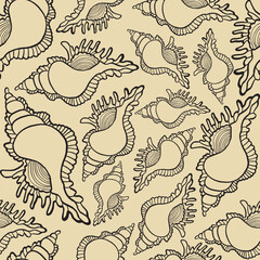 Obraz premium Seamless vector pattern of hand-drawn seashells. Marine design. Ocean pattern for textile, wallpaper and interior design. Summer print for background, textile, fabric