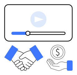 Handshake symbolizing partnership, play button on video screen, and hand with coin signifying financial exchange. Ideal for business, collaboration, marketing, finance, e-learning, media simple