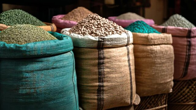Colorful sacks of spices and grains in a bustling market