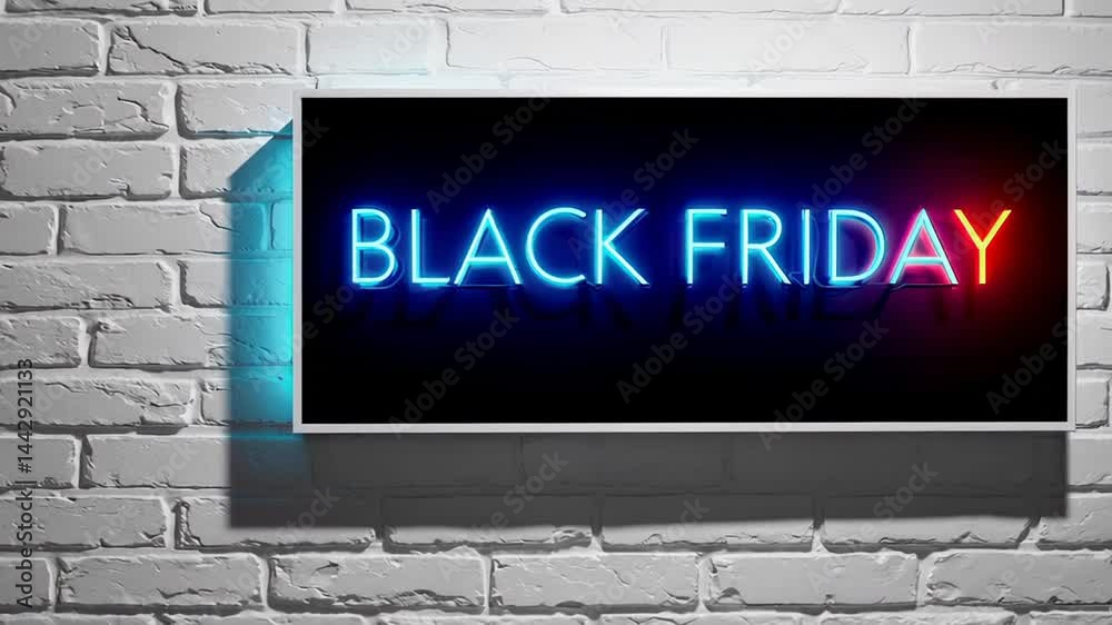 Poster Black friday neon sign with glowing text in various color combinations displayed on a white brick wall, creating a vibrant and eye catching advertisement for the shopping event
