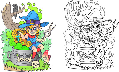 cartoon cute witch, coloring book, funny illustration