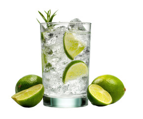 Fototapeta premium Refreshing lime drink with ice and fresh limes for summer enjoyment on a transparent background, cut out