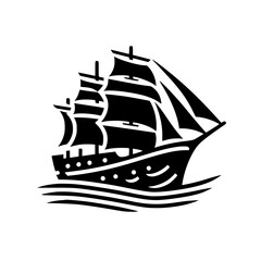 Classic Black Silhouette Sailing Ship Icon on Waves - Nautical Marine Vector Art