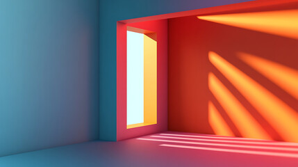 Fototapeta premium Bright sunlight casts long shadows through tall window into colorful empty room with blue and orange walls, creating warm and peaceful atmosphere
