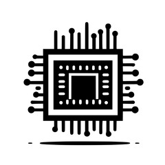 Clean Digital Microchip Processor Icon - Abstract Black and White Technology Symbol