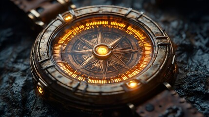 Steampunk compass watch on dark surface.