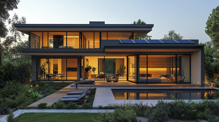 Fototapeta premium Modern sustainable home with solar panels, surrounded by greenery and serene pool area