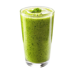A vibrant green smoothie, seemingly made of fruits and vegetables, served in a tall glass.