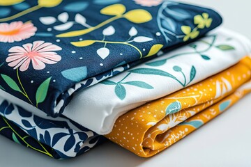 Stacked fabric with floral and leaf patterns Colorful prints on folded textiles