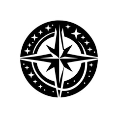 Clean Graphic Black and White Compass Rose Symbol with Celestial Stars and Dots