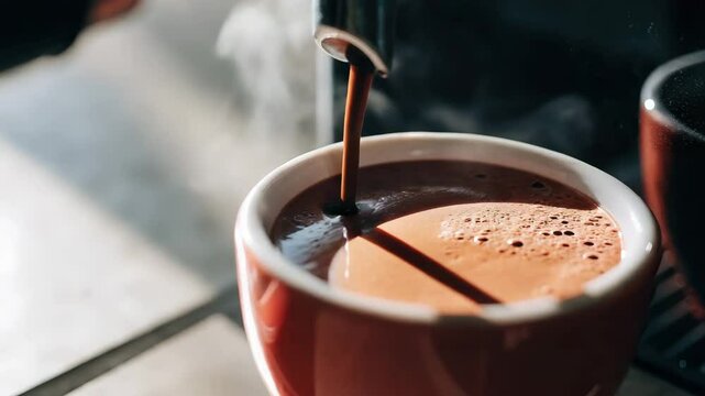 Close-up of freshly brewed coffee pouring into a ceramic cup.