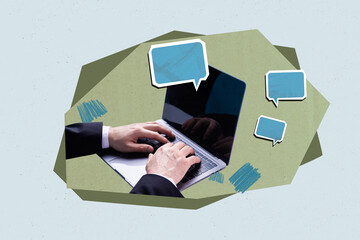 Surreal collage of hand with object on blue background having mind clouds