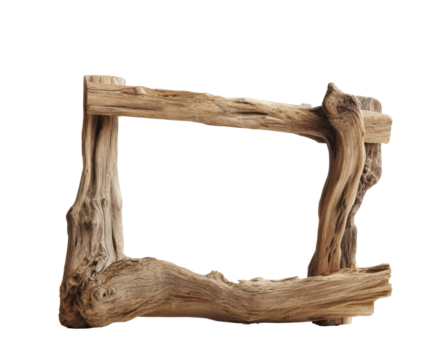 Natural driftwood frame for rustic home decor and art display on a transparent background, cut out