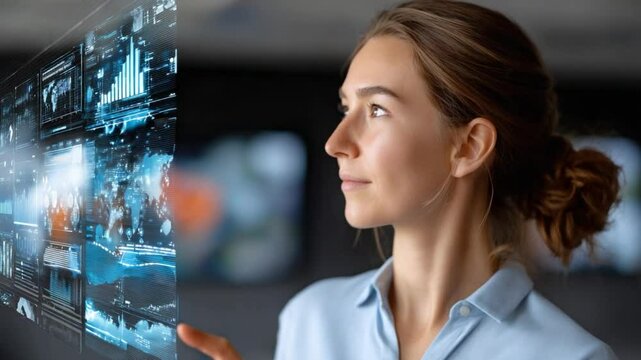 Navigating the Digital Frontier: A modern woman, engrossed in interactive holographic interfaces, poised on the cusp of future.
