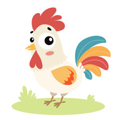 Cute Rooster in Minimal Flat Style. Farm Animal Rooster. Hand Drawn Vector Art.