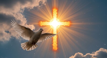 White dove flying heavenward with golden ray of light through clouds portraying holy spirit symbolic representation for Pentecost and inspiration of faith conceptual art