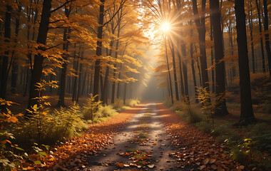 Obraz premium Autumn colored Sunlit Forest Path with Leaves