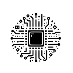 Minimalist Black and White Circle Microchip Illustration. Tech, AI, and Global Network Concept.