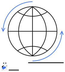 Globe outlined with curved arrows indicating movement, individual using a device. Ideal for innovation, networking, technology, global reach, communication, collaboration, simple landing page