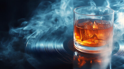 Glass of whiskey with ice cubes sits on vinyl record surrounded by swirling smoke, creating moody and atmospheric scene with warm amber and cool blue tones