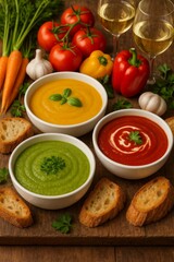 Colorful Soups Served With Bread and Fresh Vegetables on a Wooden Table