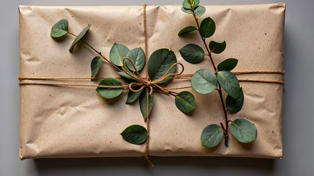 Gift wrapped in brown paper with green leaves decoration  