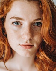 Naklejka premium A woman with red hair and freckles stares into the camera. AI Model.