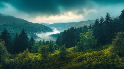 Fototapeta premium Explore the serene beauty of a misty forest landscape. Experience tranquility in nature. A lush scene filled with trees and rolling hills. Generative AI.