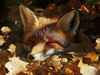 Fototapeta premium A red fox peacefully sleeping among autumn leaves.