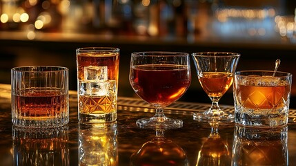 Variety of drinks in elegant glassware at a bar.